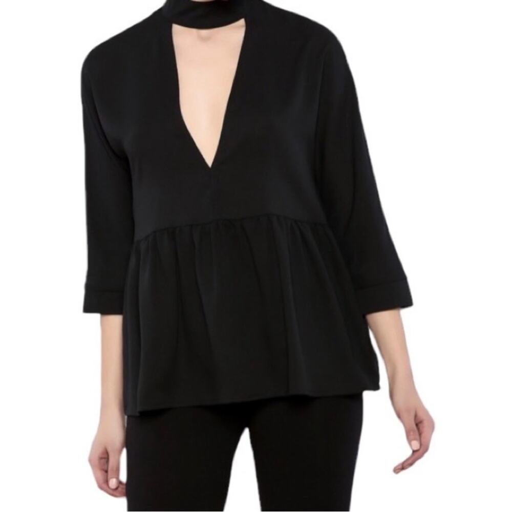 Lucca Black Banded V-Neck Cut Out Peplum Top, Size XS